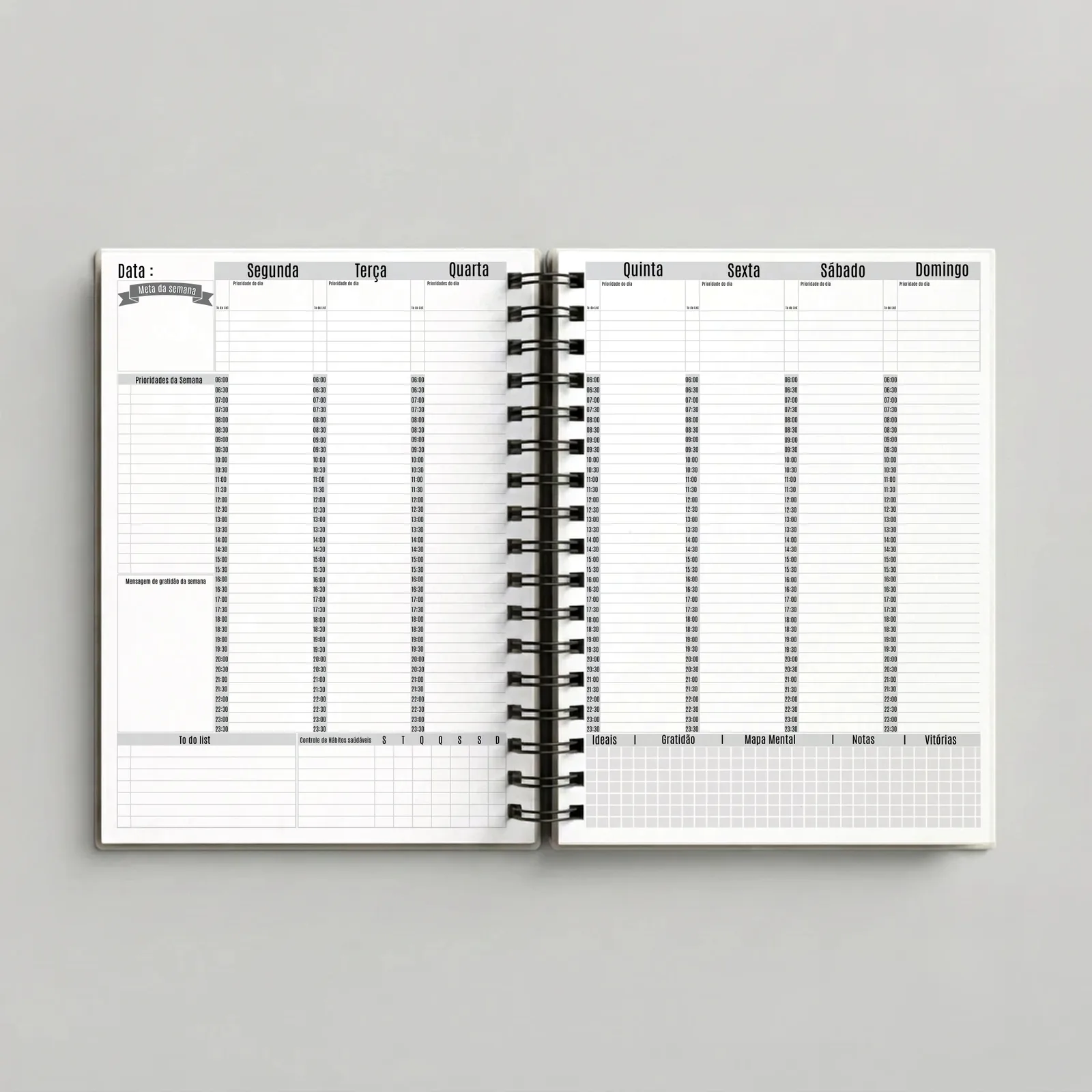 Planner Alta Performance – Floral Cinza, páginas internas