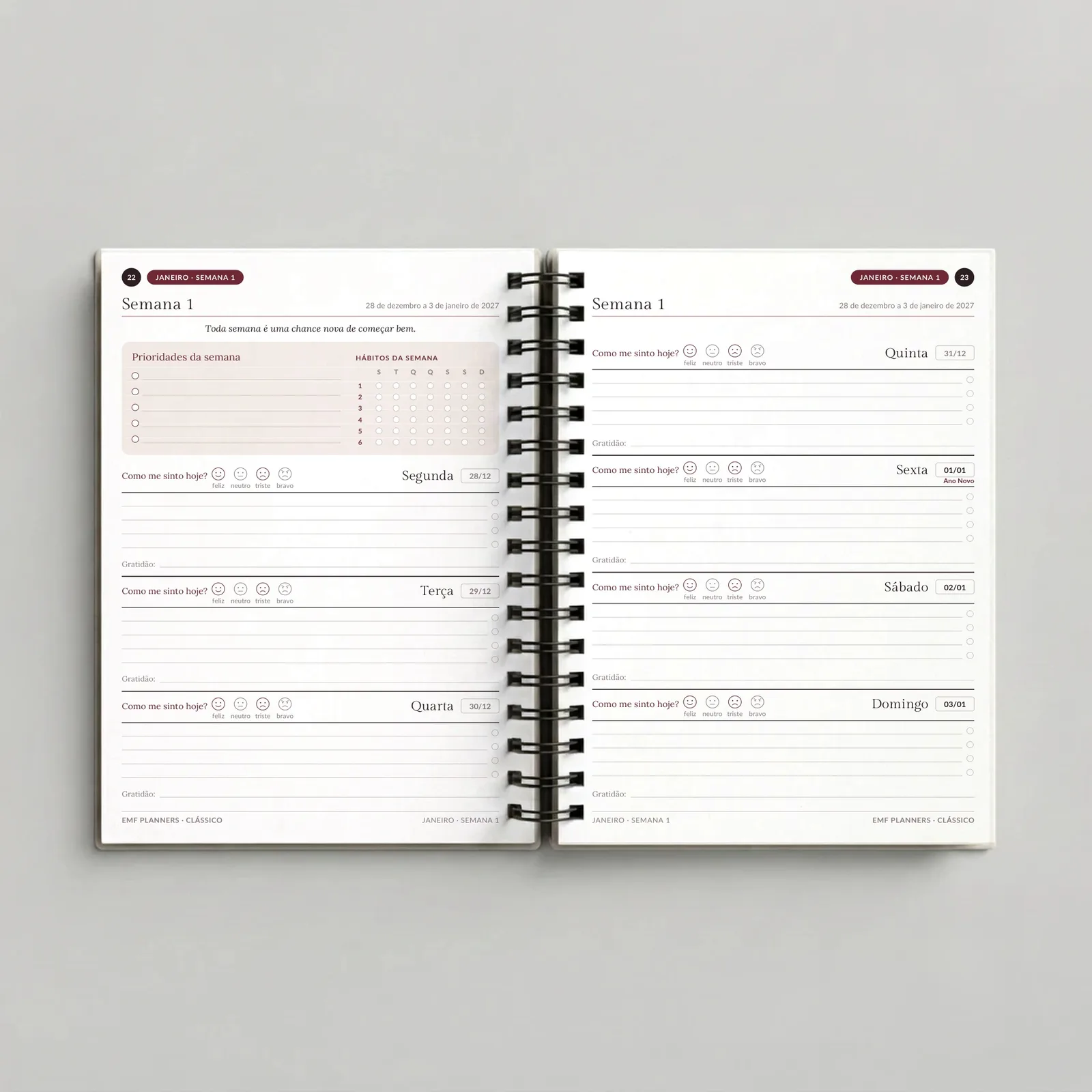 Planner Bordô – Vinho, páginas internas