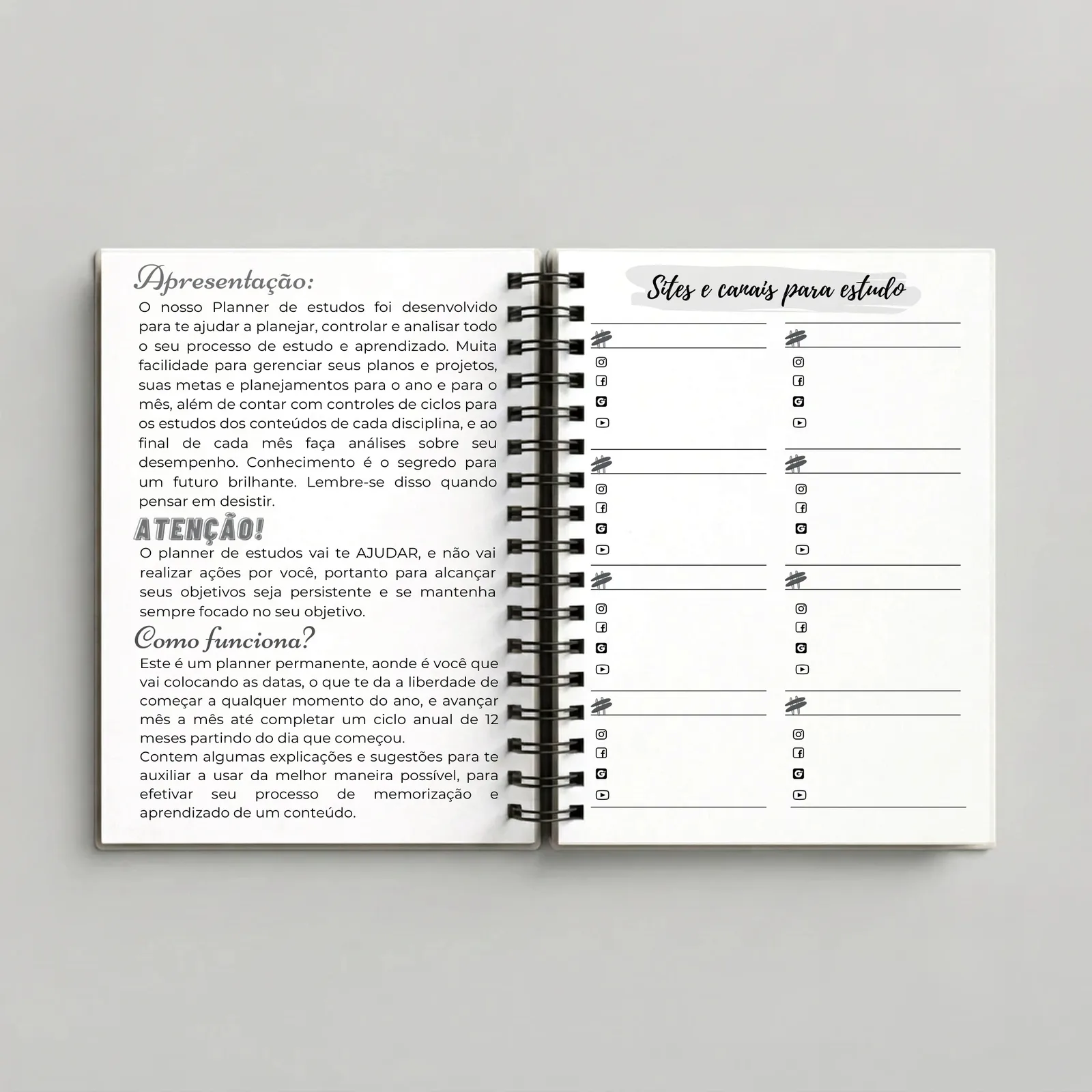 Planner de Estudos P/B – Grafite, páginas internas